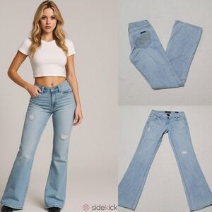 Seven7 Jeans Vintage 90s Light-wash Distressed Cotton Blend Low-Rise Flare Jeans